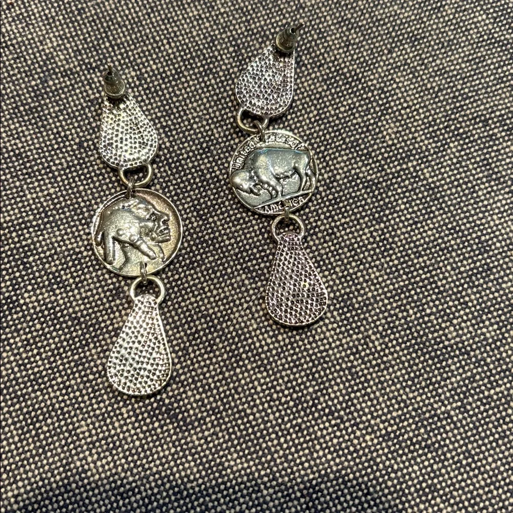 Turquoise Teardrop Buffalo Coin Dangle Earrings Silver Tone Western Boho